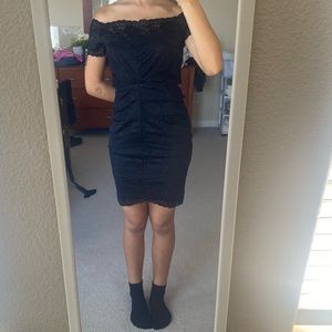 Lace off the shoulder black mini dress